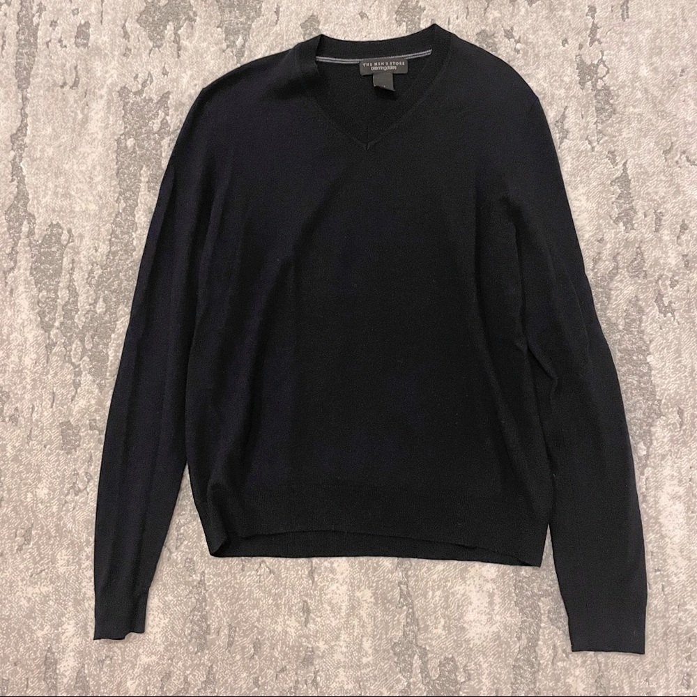 Bloomingdale’s Mens V Neck Sweater, Navy Merino Wool
